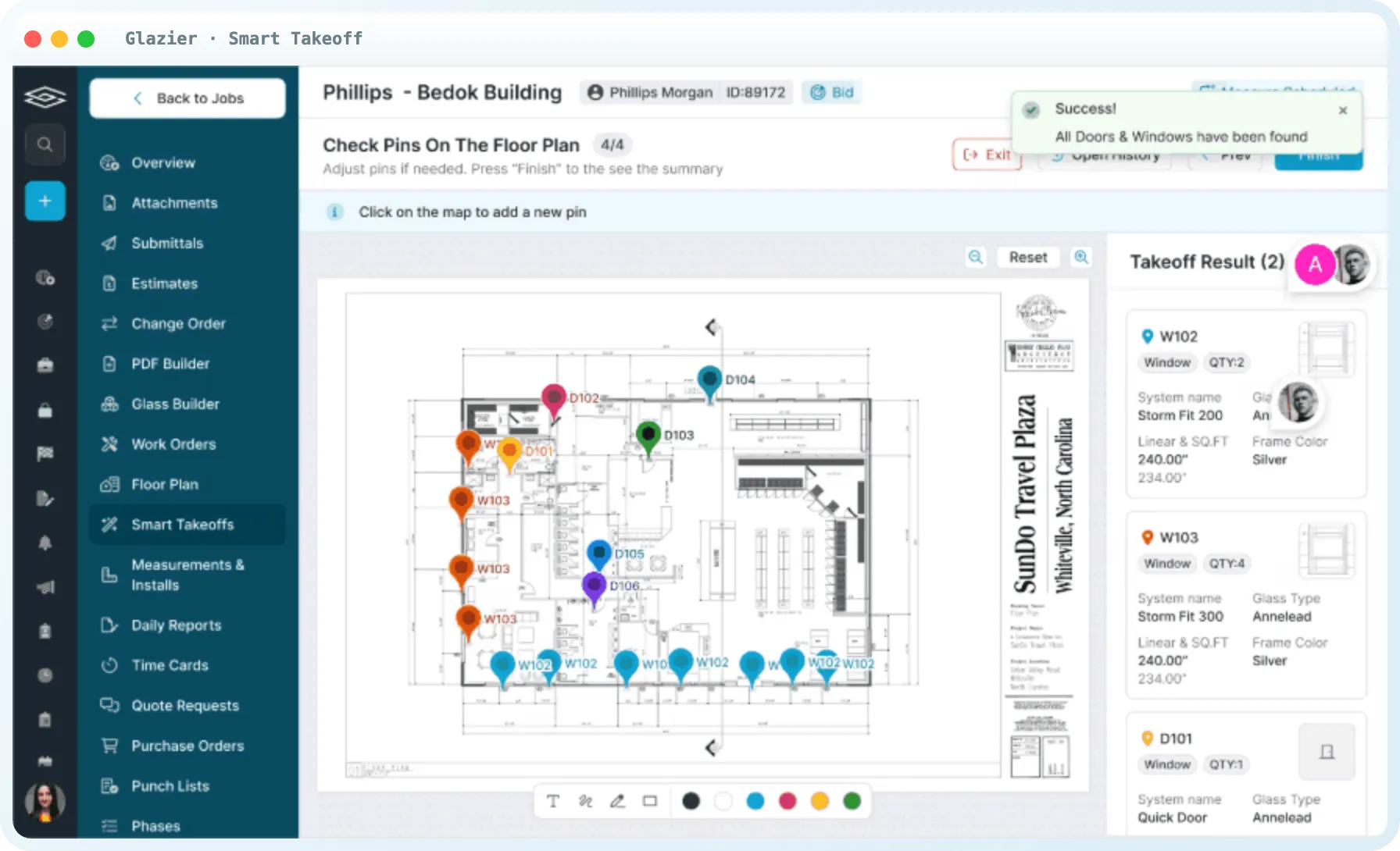 Glazier AI Smart Takeoff reading a commercial drawing